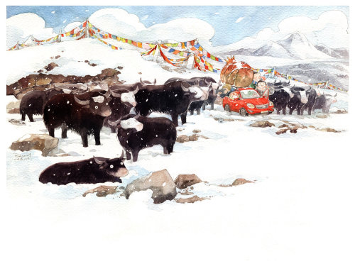 Animals buffaloes in snow
