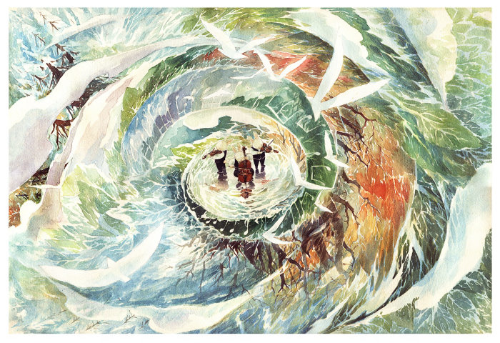 Water colour painting of people struct in a cyclone