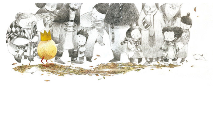 Ilustração do rei frango e crianças