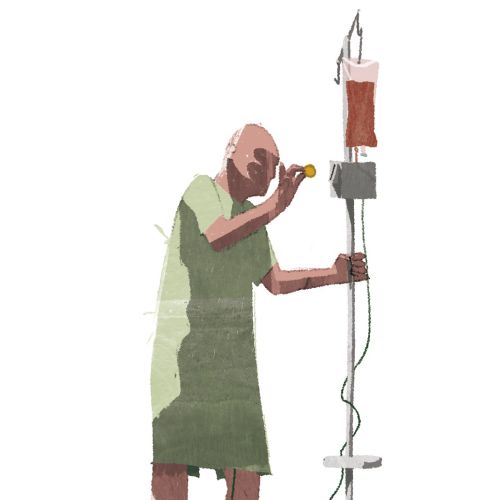 status of present healthcare represented by old man paying for blood
