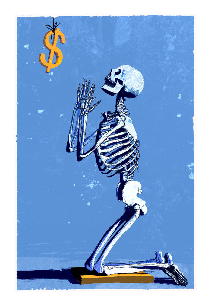 Arte conceitual do esqueleto orando dólar