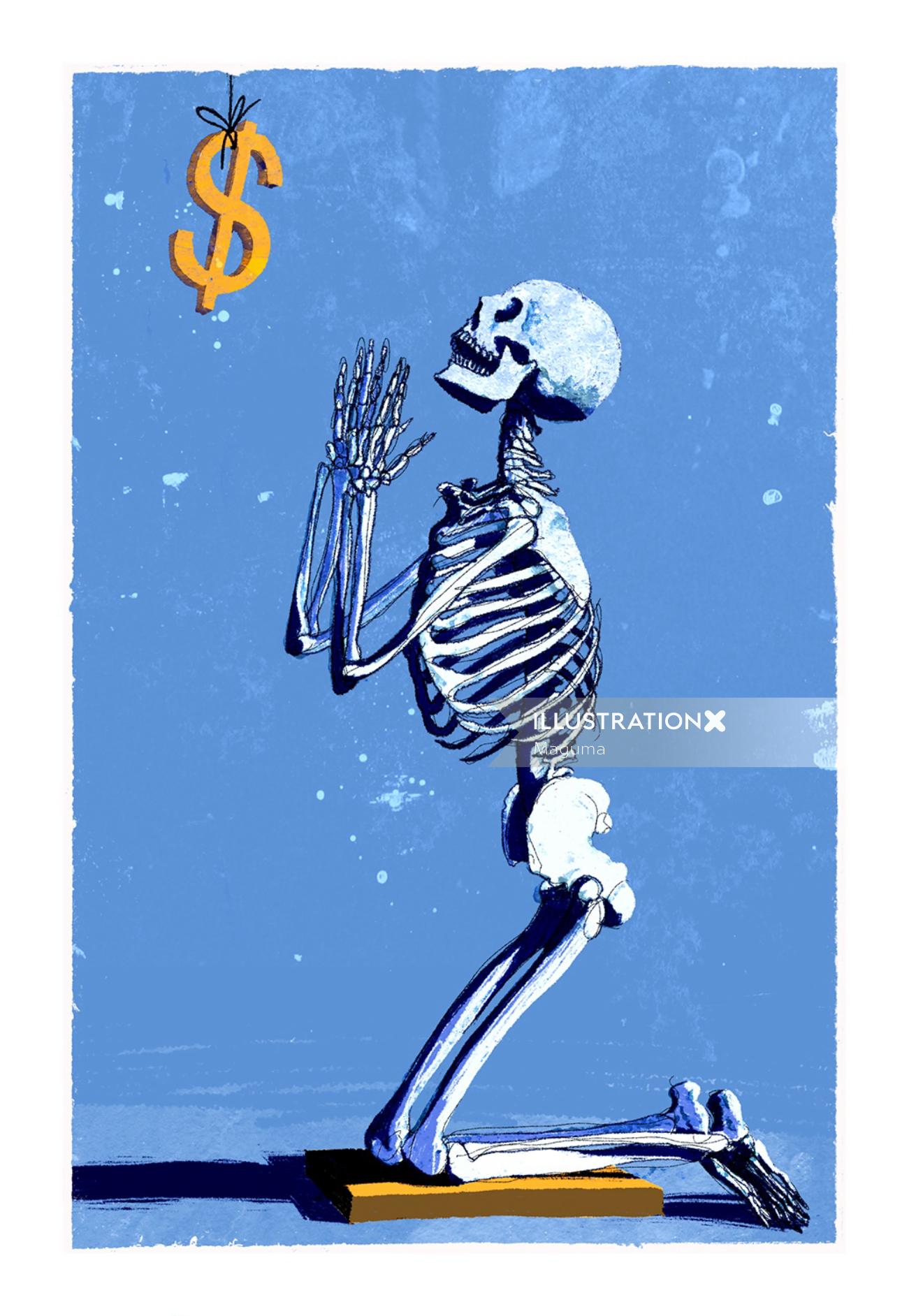 Conceptual art of skeleton praying dollar