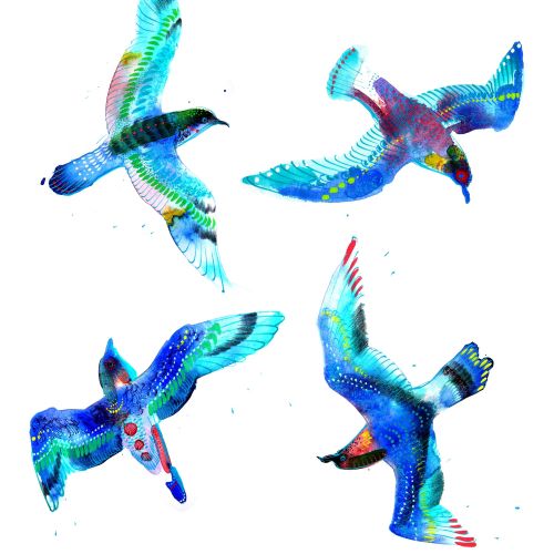 Vibrant blue and multicolored birds flying, artwork by Maki Yamaguchi