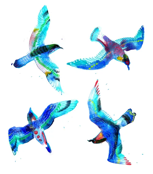 Vibrant blue and multicolored birds flying, artwork by Maki Yamaguchi