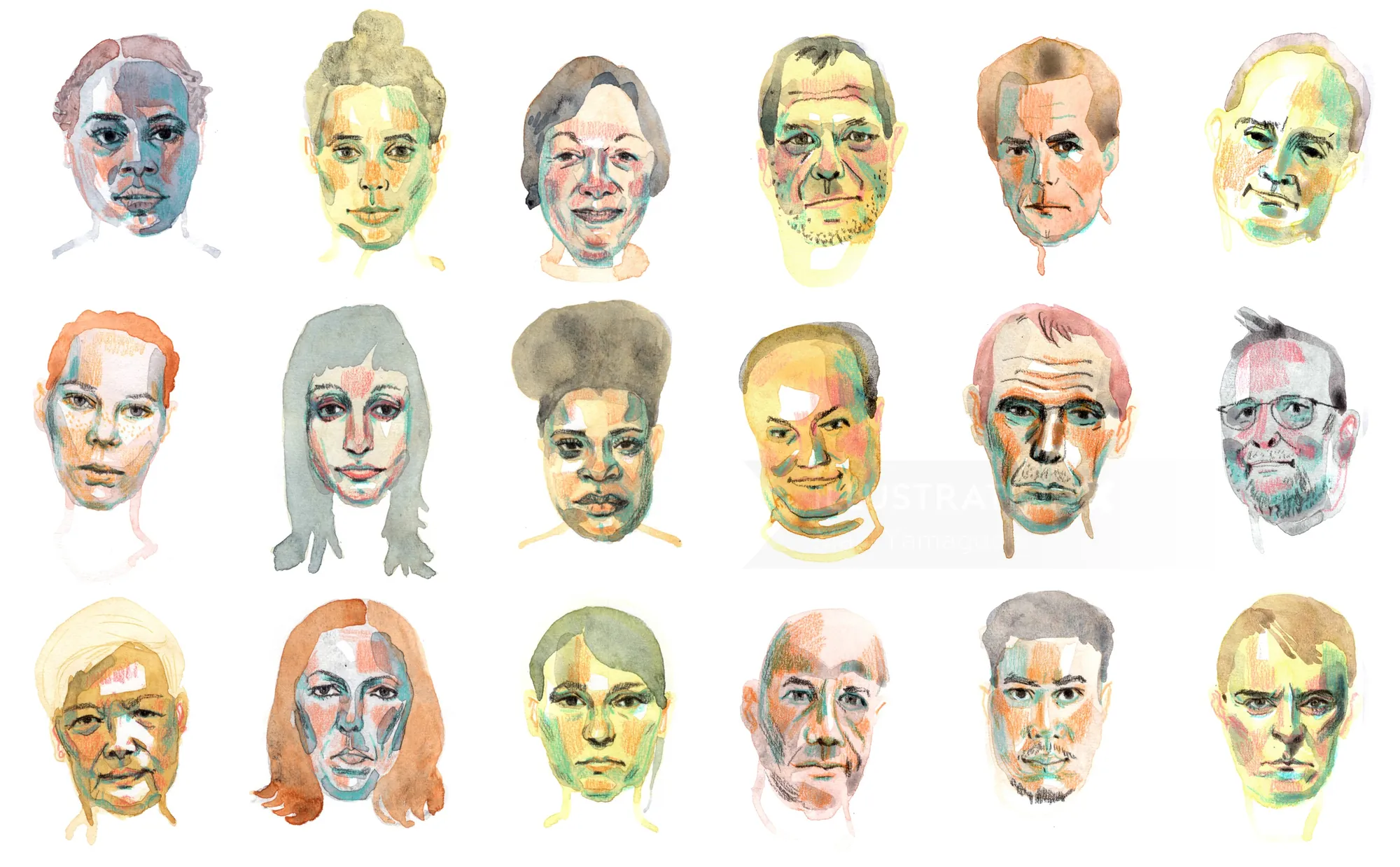 Watercolor portraits of 20 diverse faces in various colors by Maki Yamaguchi