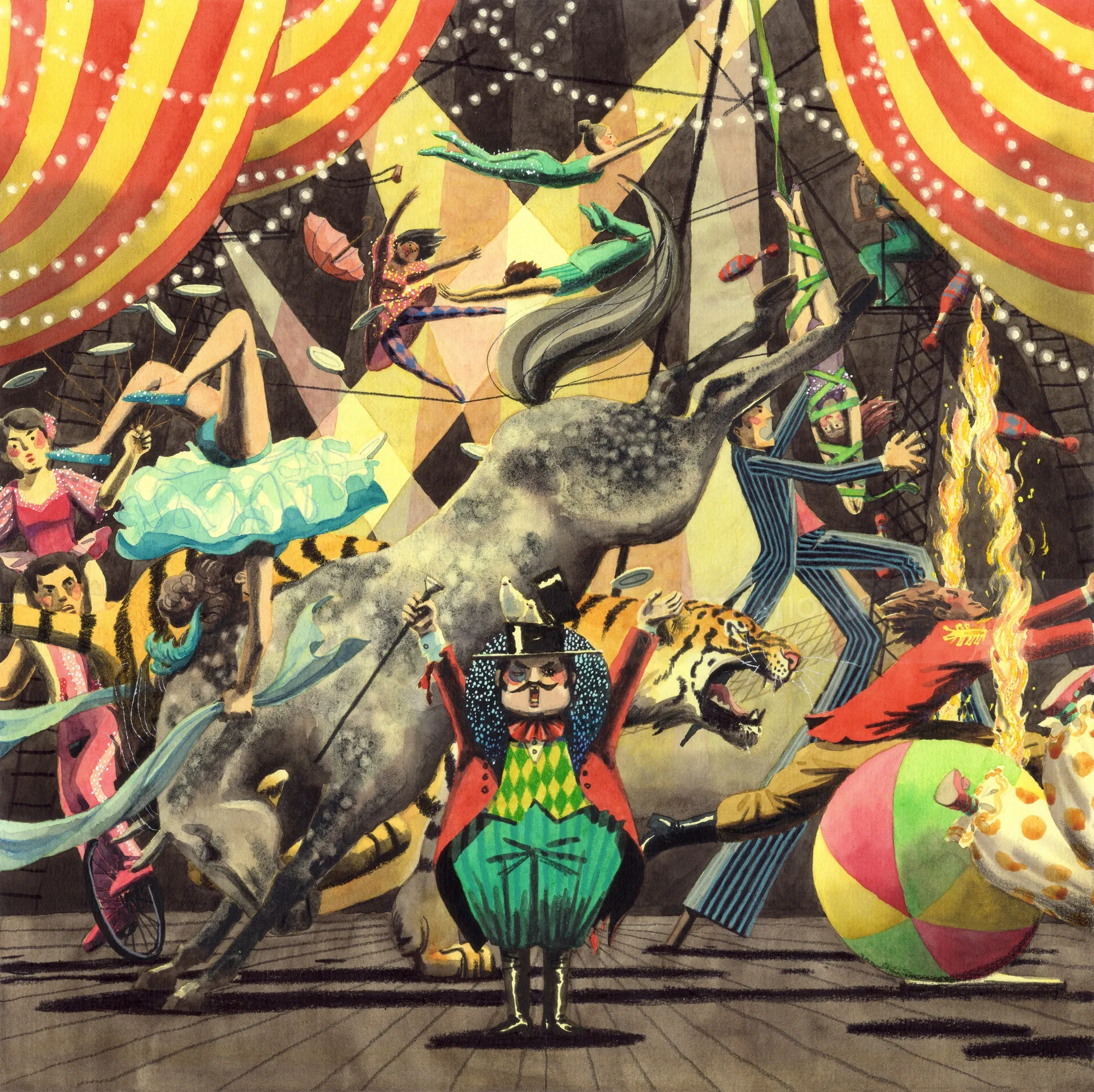Circus scene with acrobats, animals, and ringmaster by Maki Yamaguchi