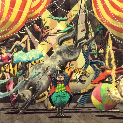 Circus scene with acrobats, animals, and ringmaster by Maki Yamaguchi