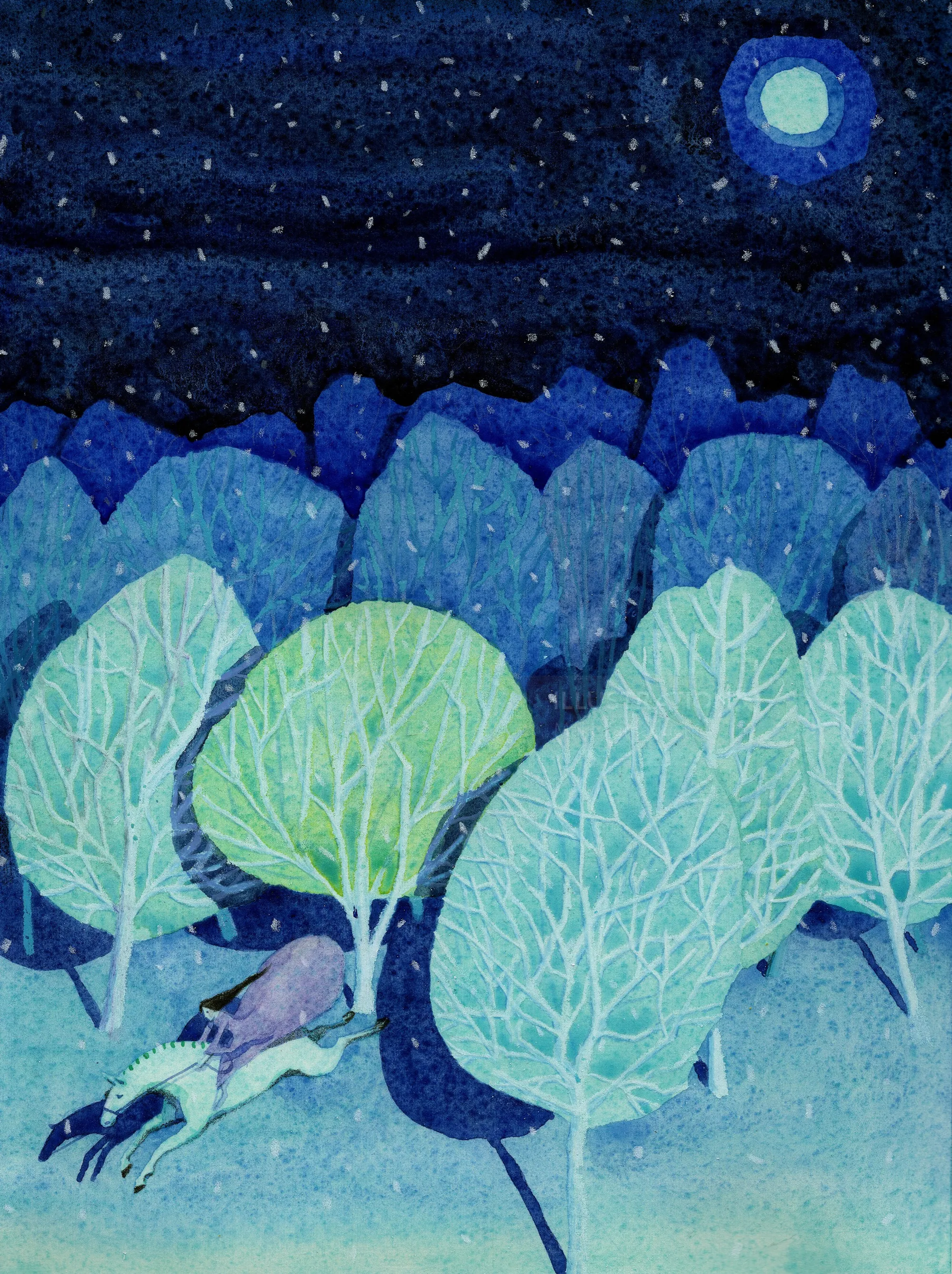 Moonlit forest scene with a figure lying among glowing trees by Maki Yamaguchi