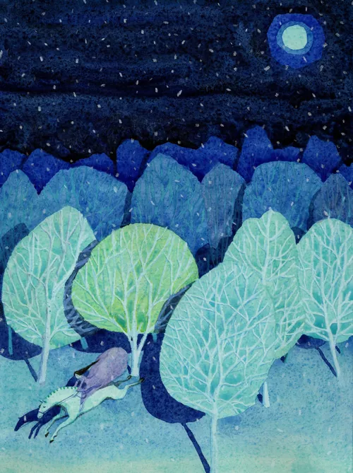 Moonlit forest scene with a figure lying among glowing trees by Maki Yamaguchi