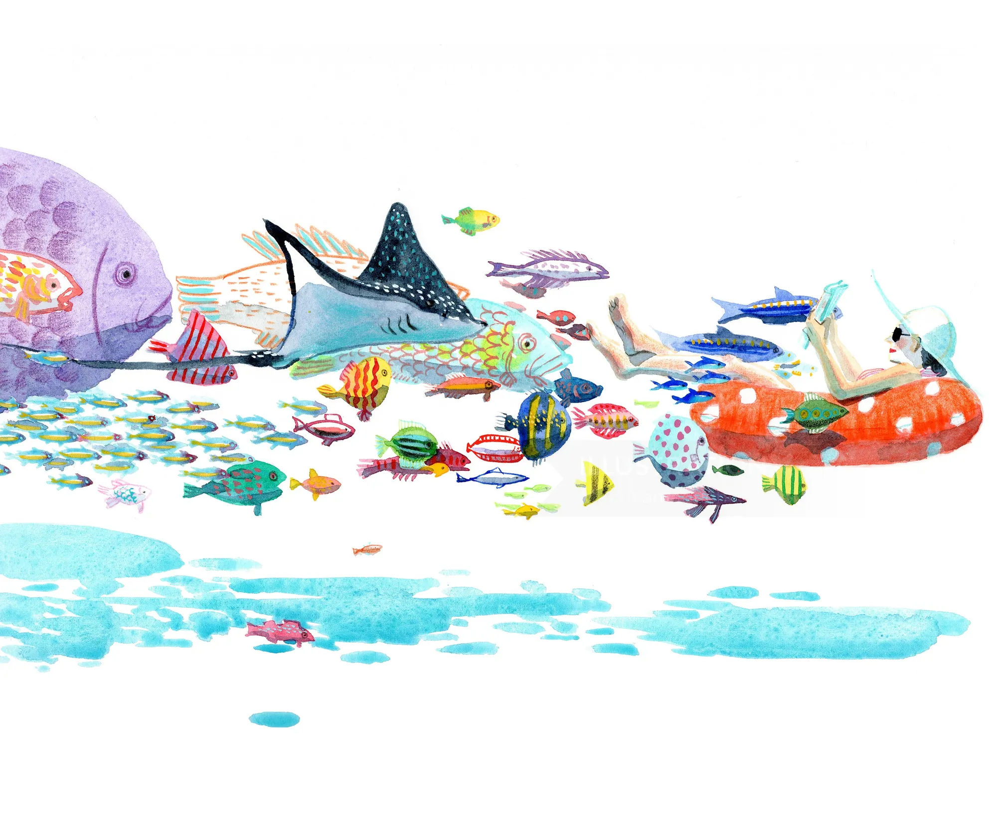 Child in orange float among colorful fish and sea creatures by Maki Yamaguchi