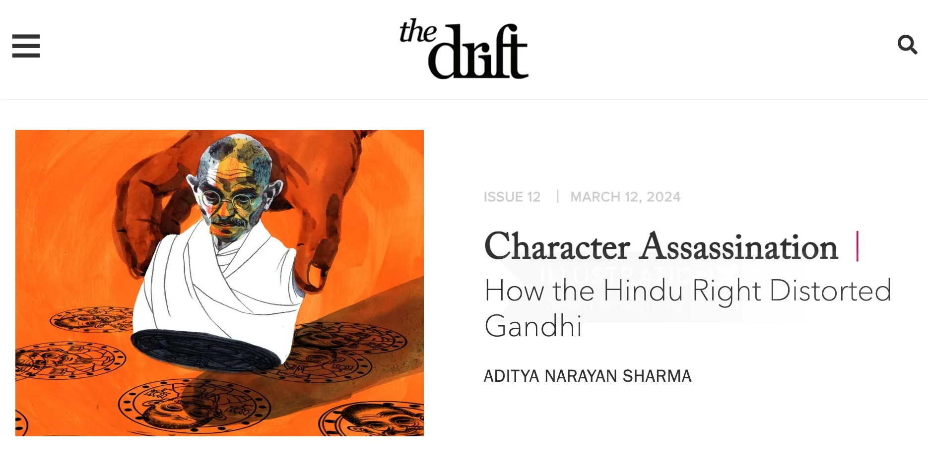 Illustration of Gandhi with orange background by Maki Yamaguchi