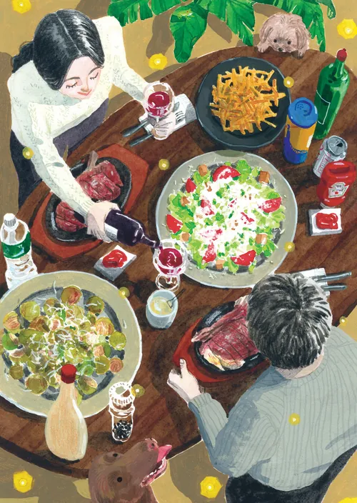 Couple sharing dinner with salad and wine by Maki Yamaguchi