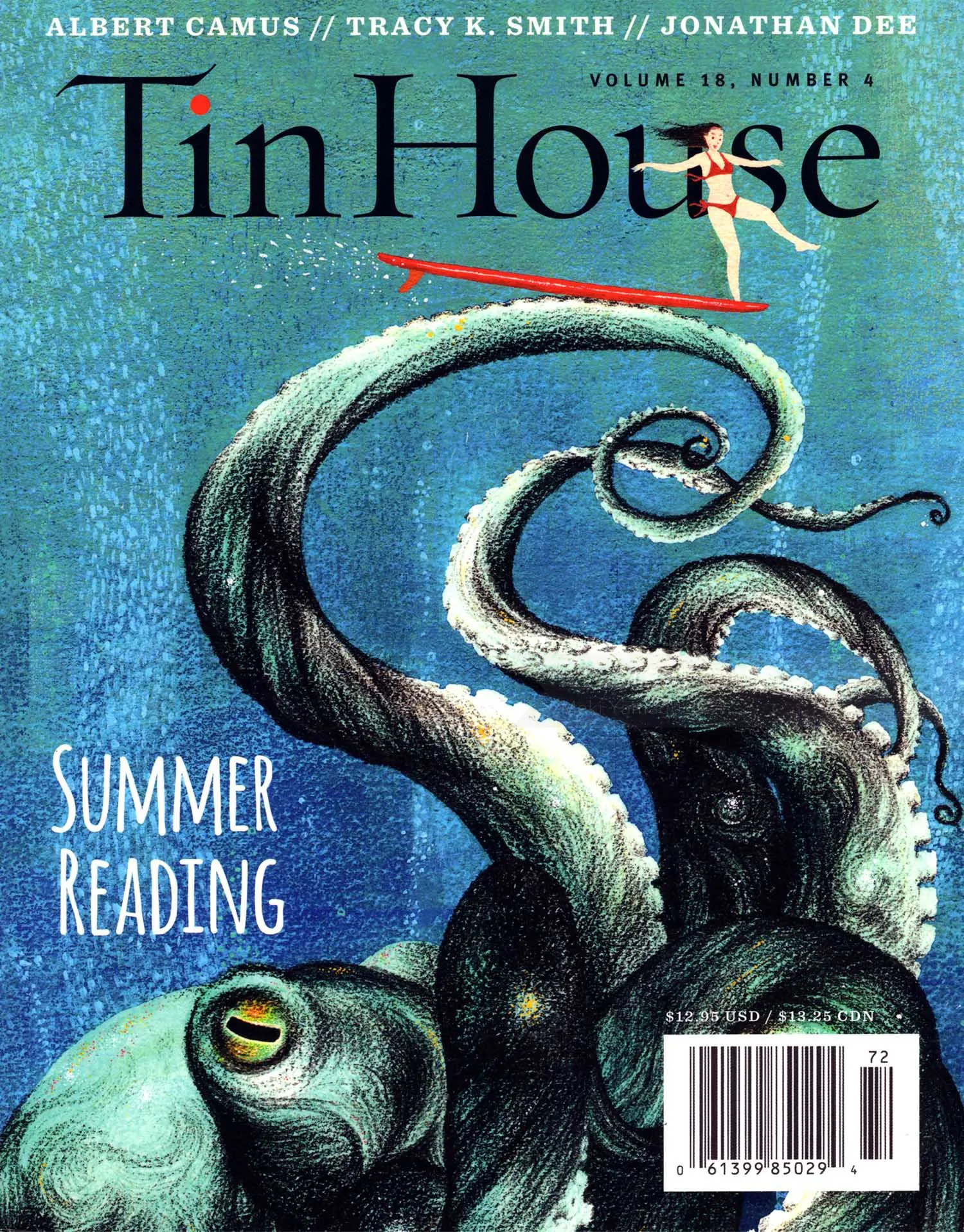 Cover illustration of giant octopus and swimmer by Maki Yamaguchi