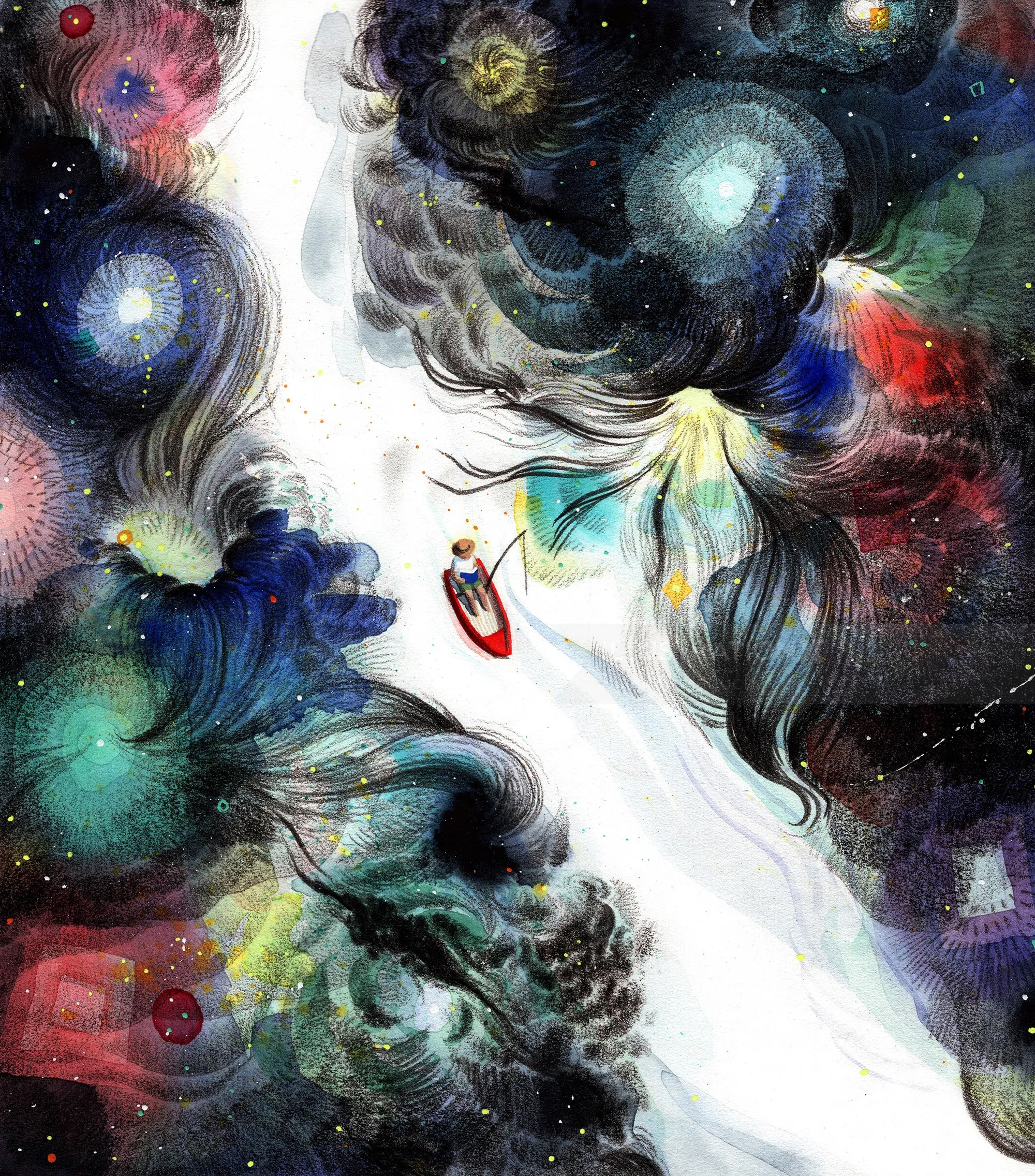 A boat sailing through an abstract cosmic scene by Maki Yamaguchi