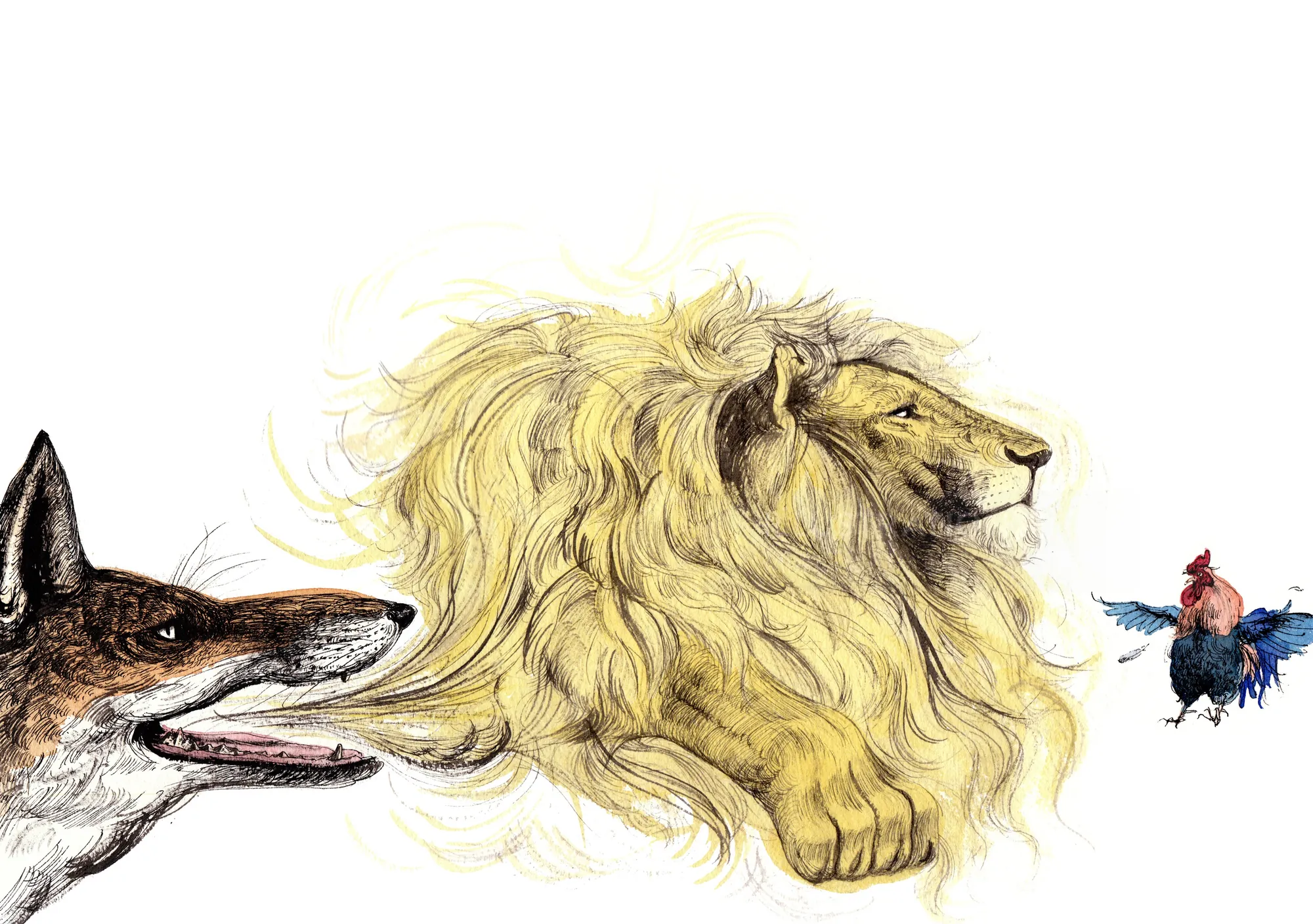 Illustration of a fox, lion, and rooster from Aesop's fable by Maki Yamaguchi