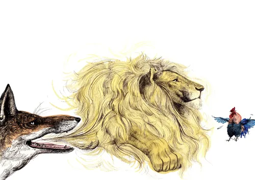 Illustration of a fox, lion, and rooster from Aesop's fable by Maki Yamaguchi