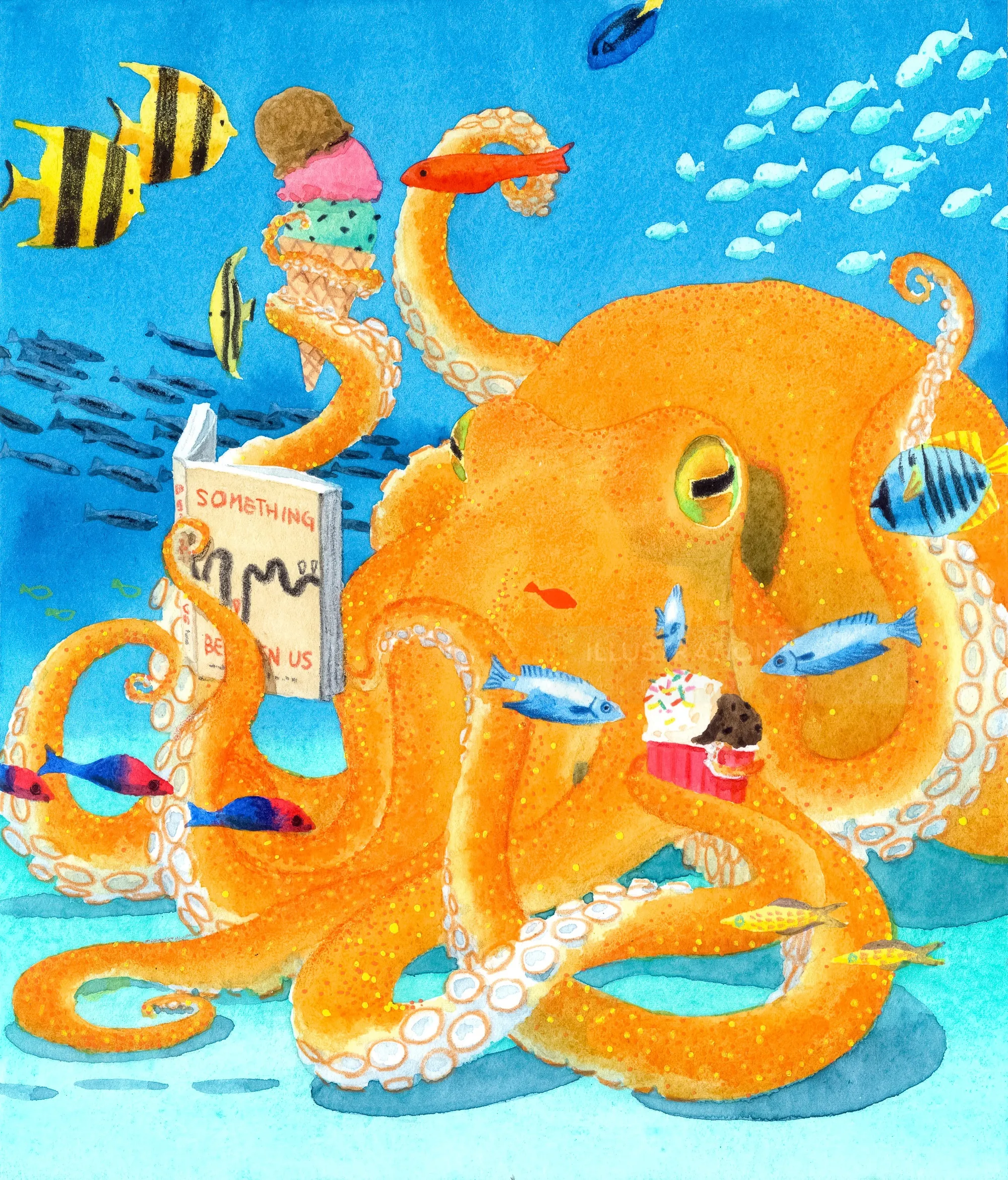 Underwater octopus holding books and ice cream, by Maki Yamaguchi