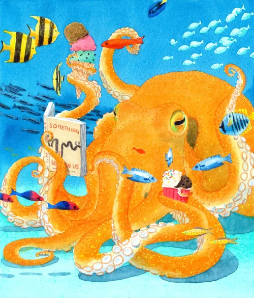 Underwater octopus holding books and ice cream, by Maki Yamaguchi