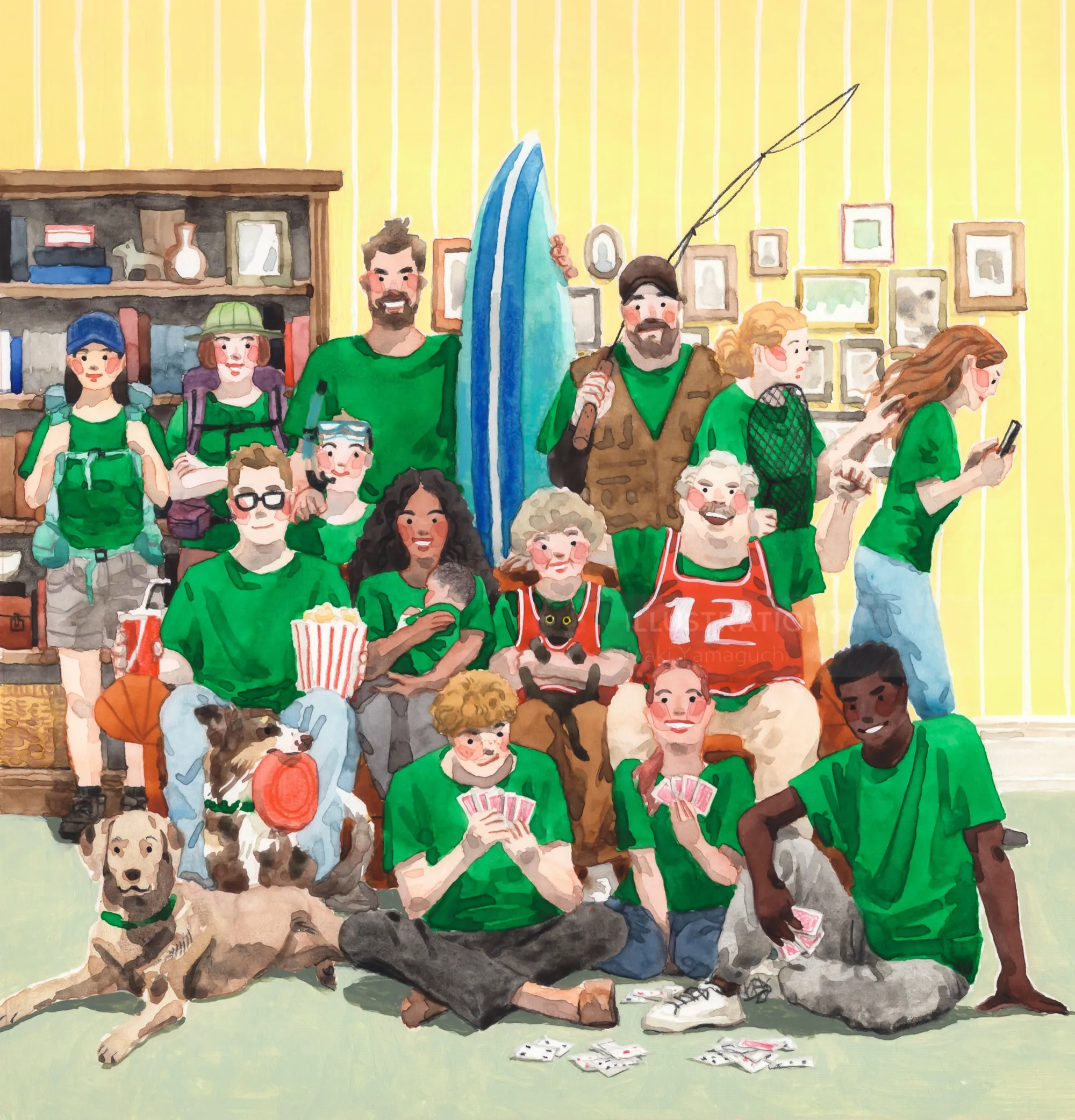 Family gathered watching football with snacks and a dog by Maki Yamaguchi