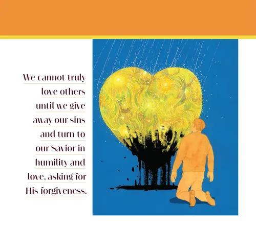 Illustration showing a person kneeling with a large heart, by Maki Yamaguchi