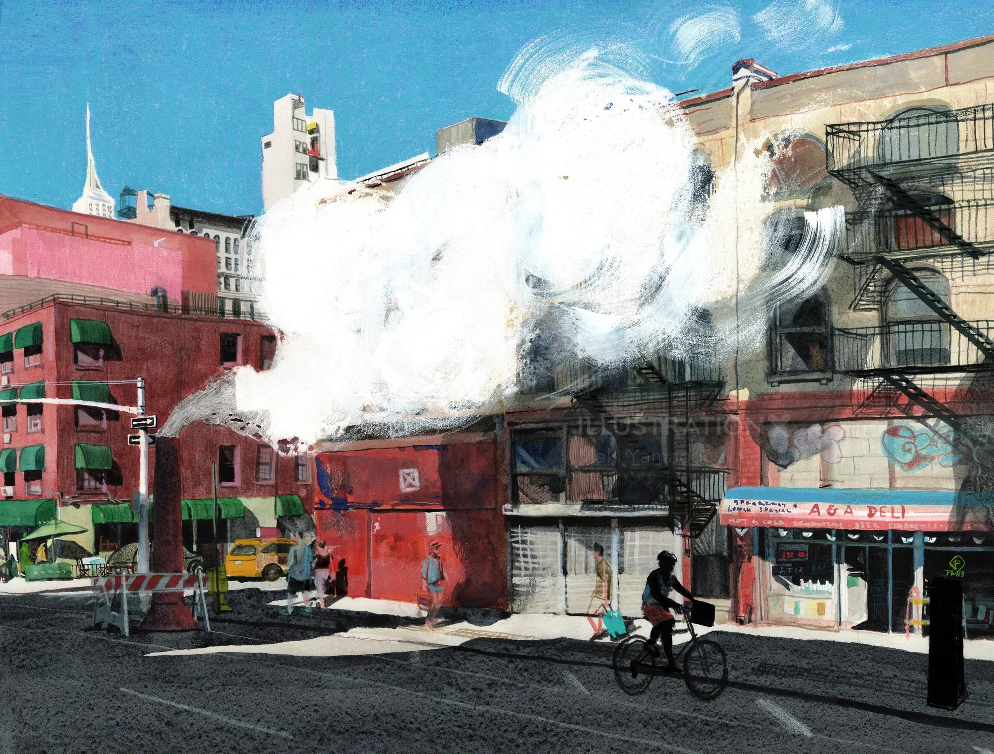 A person cycling in an urban street with a large white smoke plume, by Maki Yamaguchi