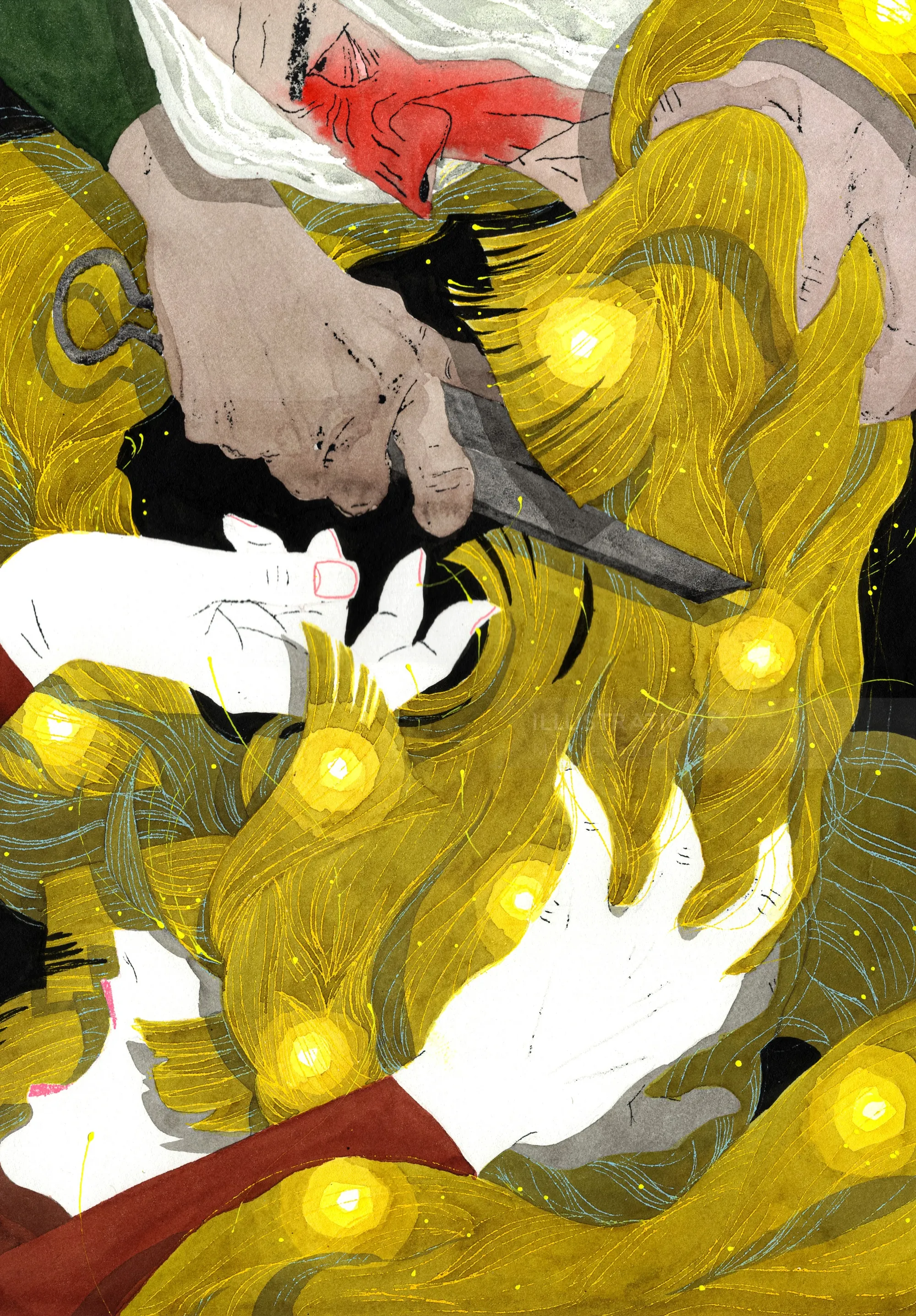 Rapunzel hair strands glowing with lights, hands and scissors shown, by Maki Yamaguchi