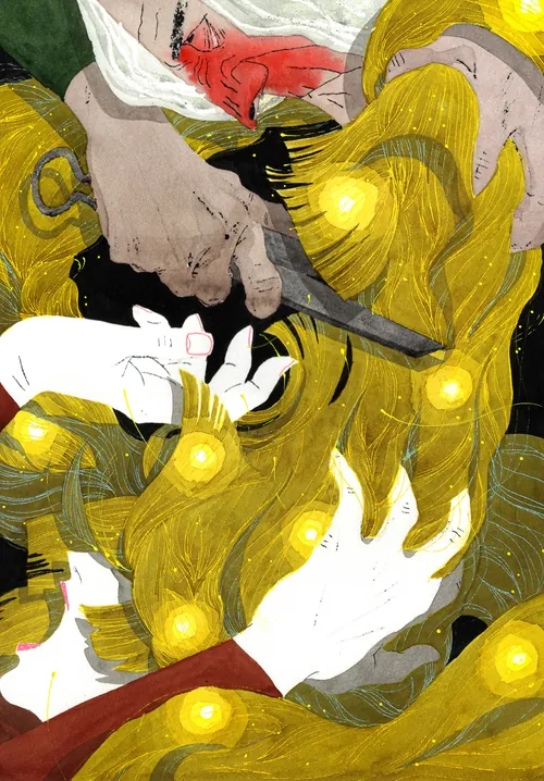 Rapunzel hair strands glowing with lights, hands and scissors shown, by Maki Yamaguchi