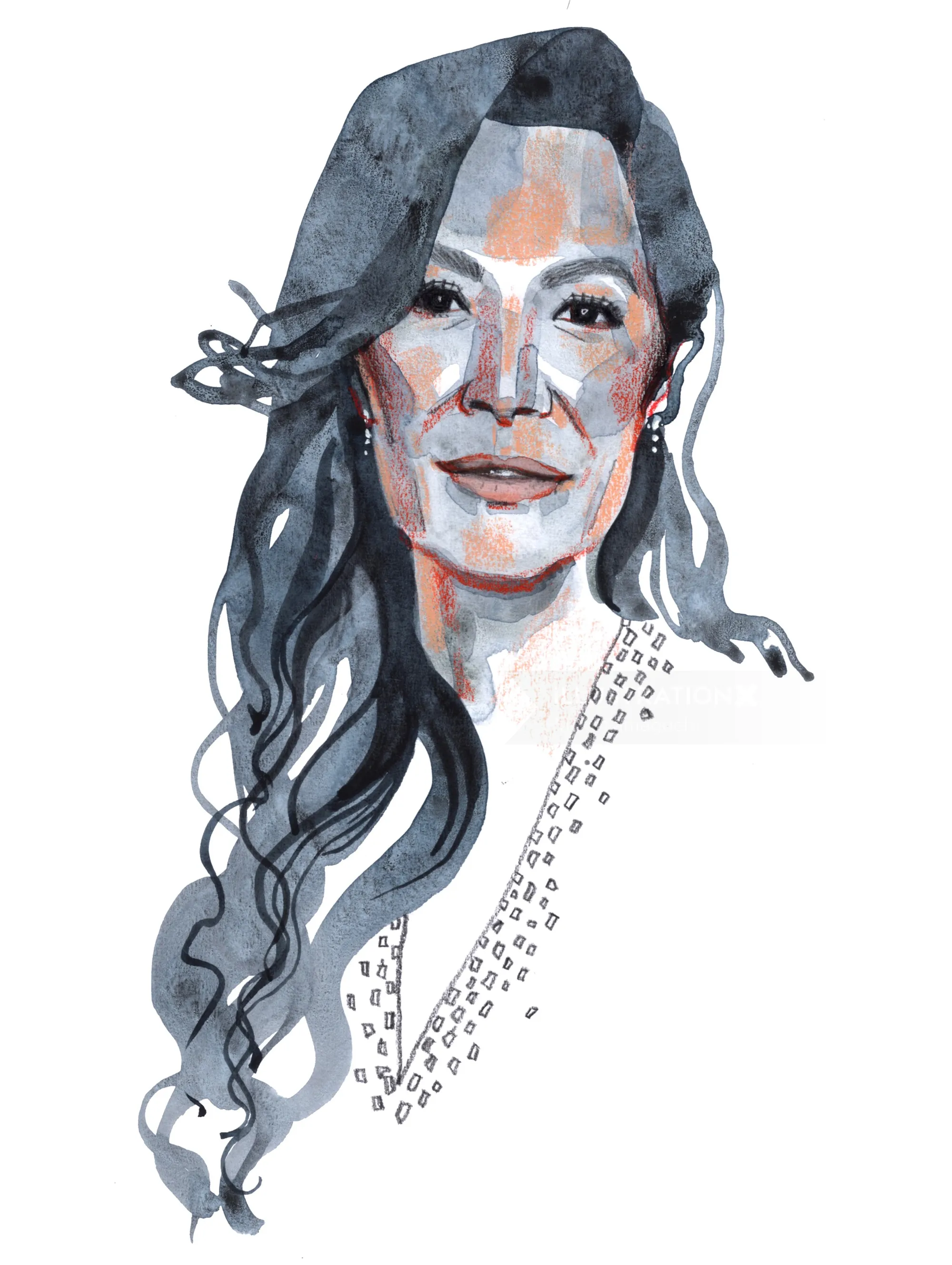 Mixed media portrait of Michelle Yeoh by Maki Yamaguchi