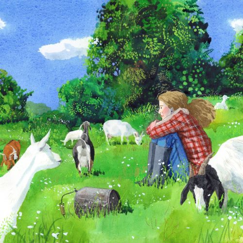 Watercolor of girl sitting in pasture surrounded by goats by Maki Yamaguchi