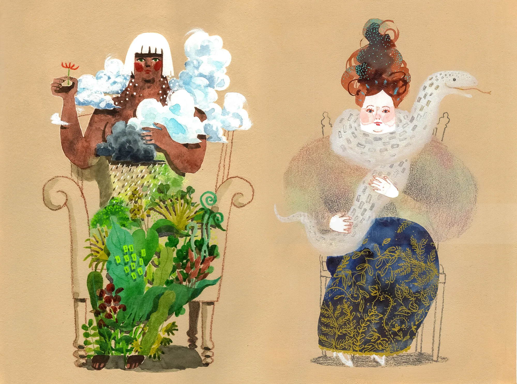 Two stylized goddesses with floral and cloud motifs by Maki Yamaguchi