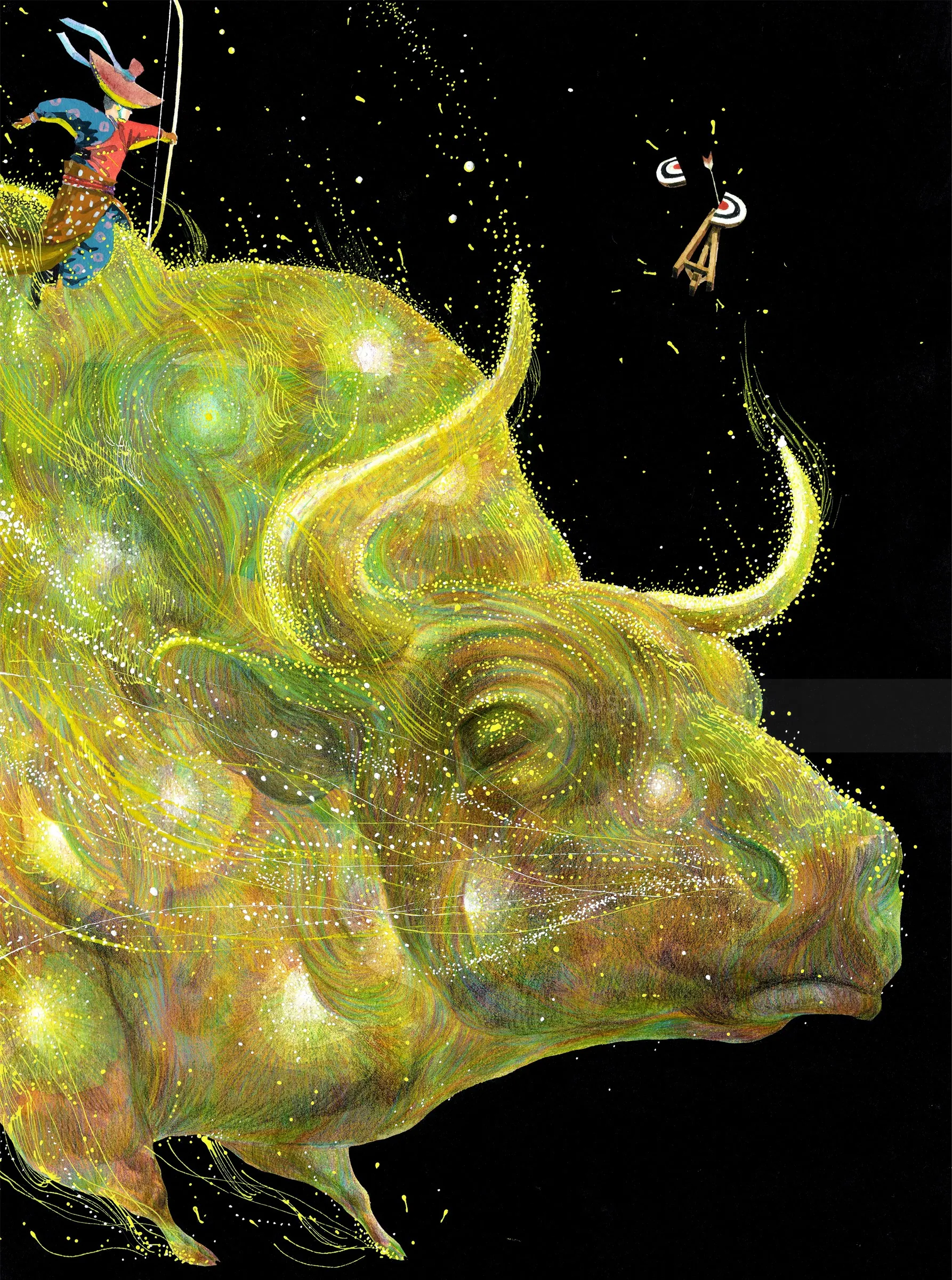 Golden bull with Yabusame archer on black background by Maki Yamaguchi