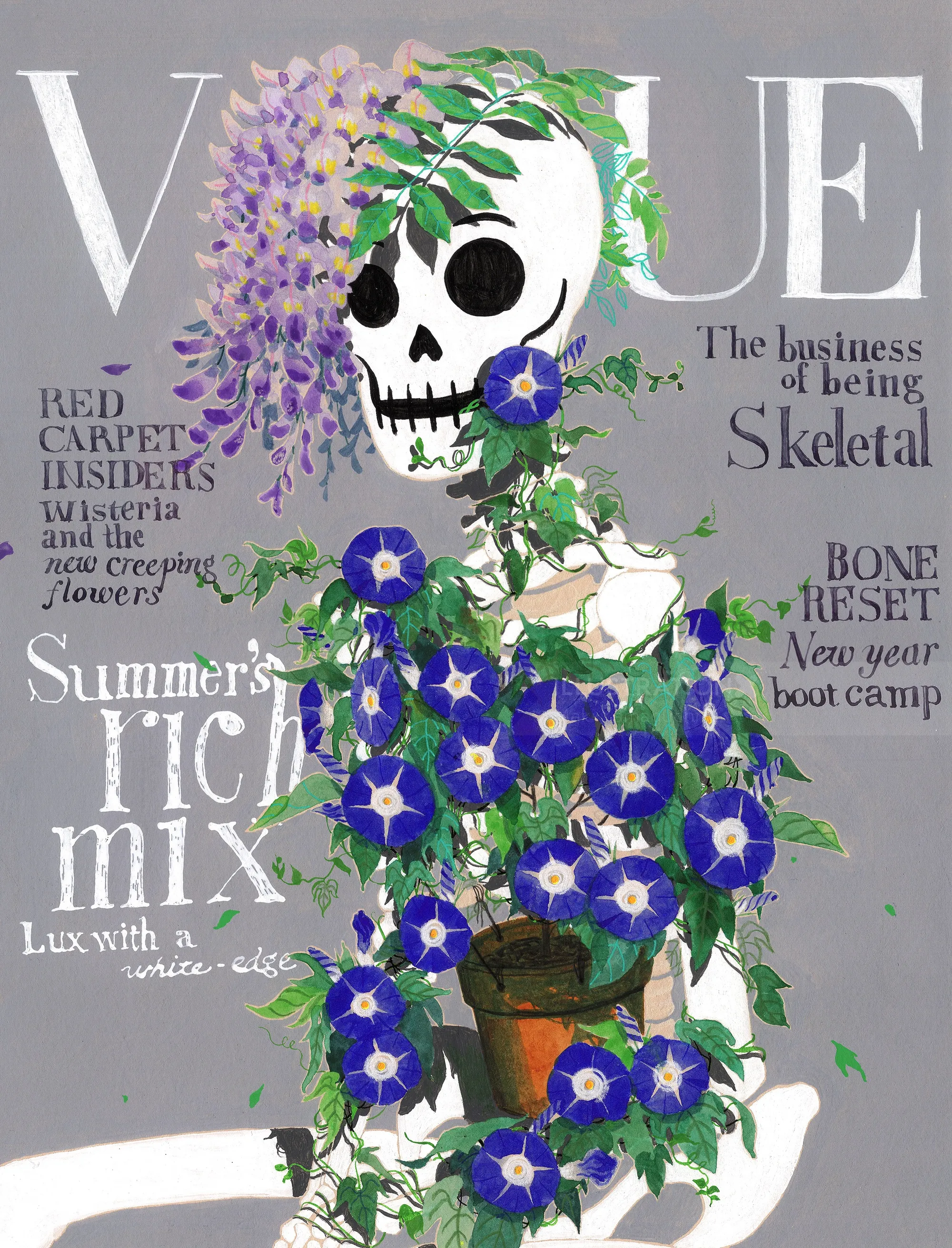 Skeleton wrapped in purple flowers and green leaves by Maki Yamaguchi