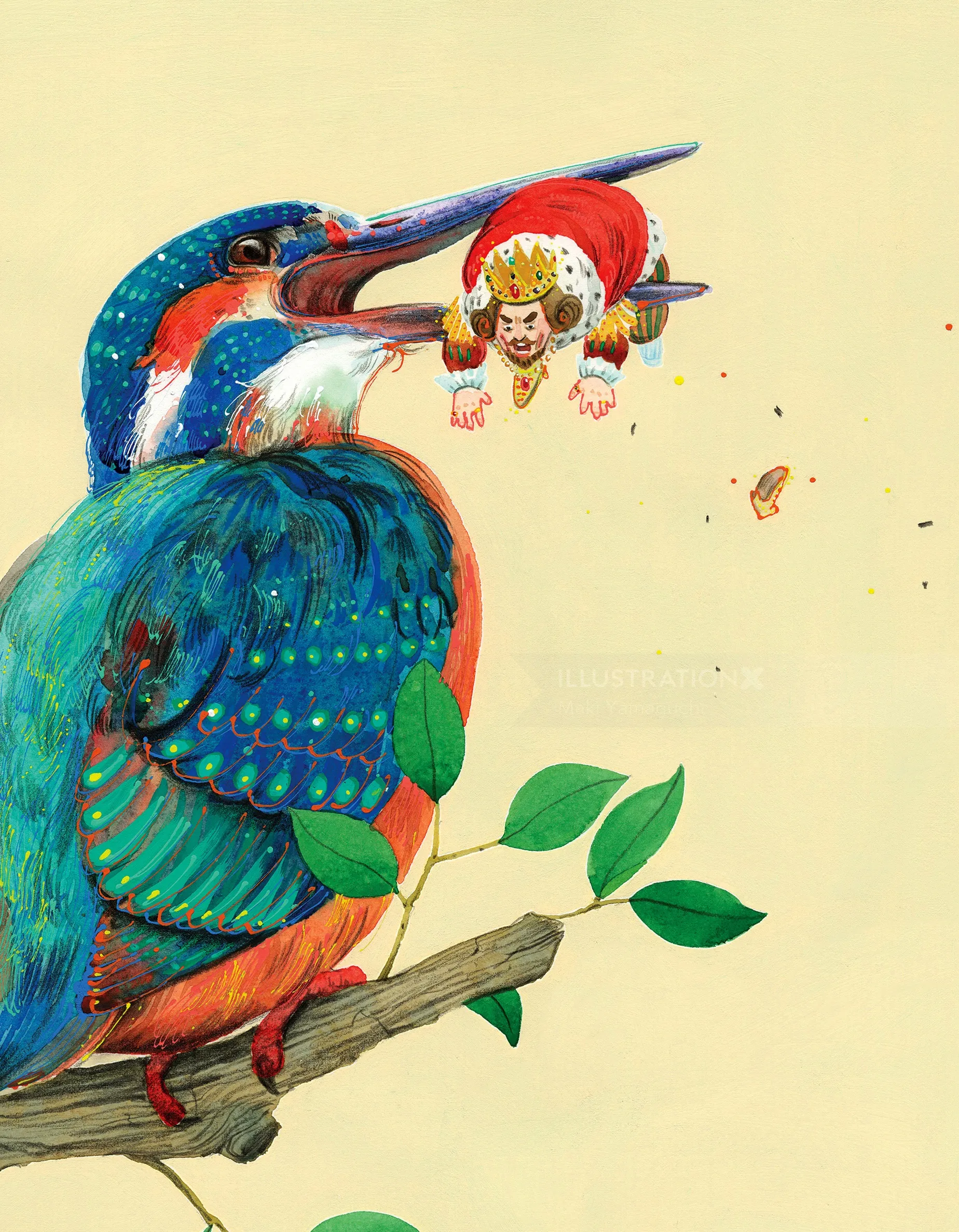 Martín pescador sosteniendo a un pequeño pescador en su pico, ilustración de Maki Yamaguchi.