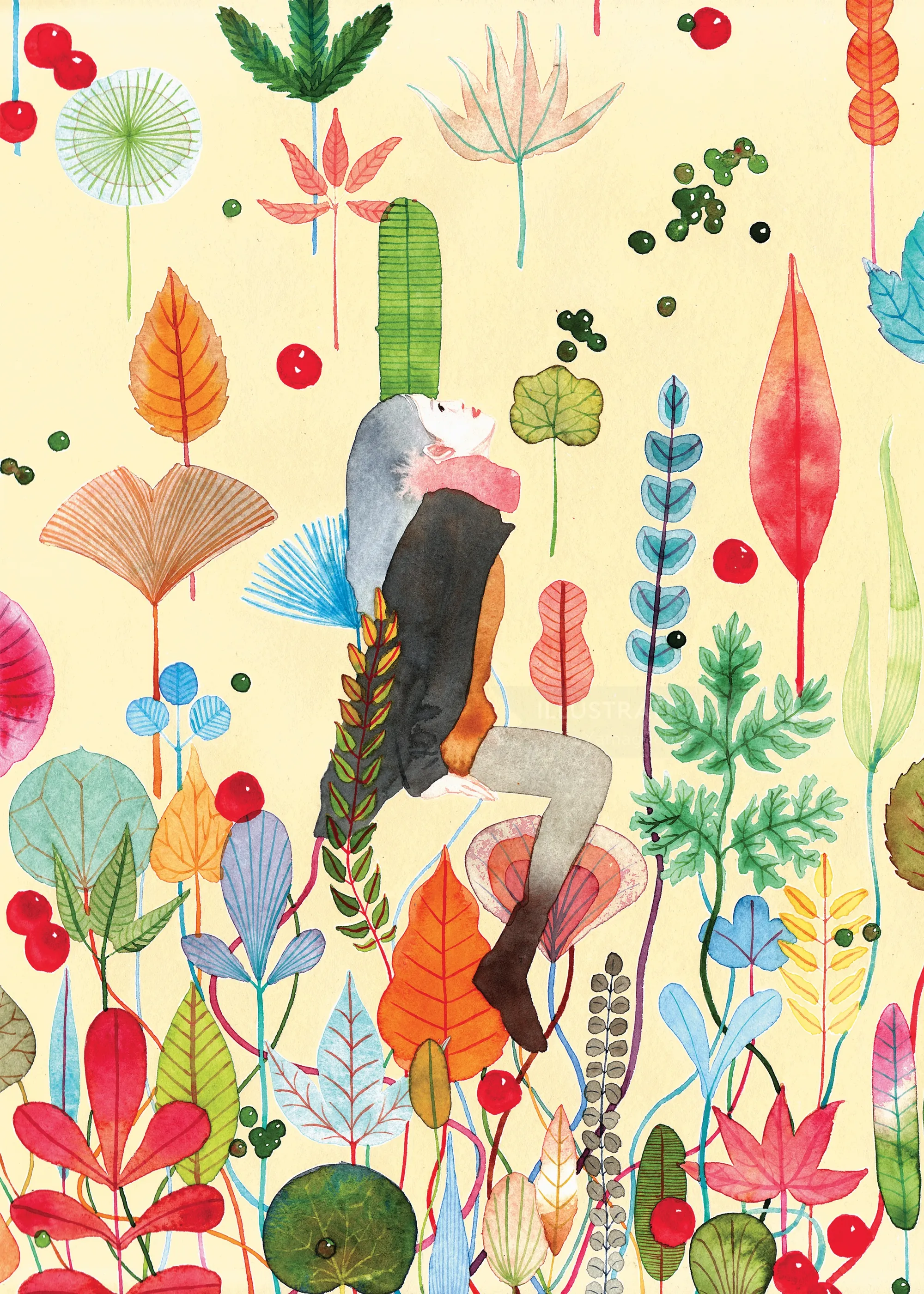 Acuarela de una mujer abrazando hojas de otoño, de Maki Yamaguchi.