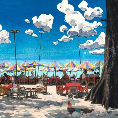 Beach scene with colorful umbrellas, tables, chairs, and roosters by Maki Yamaguchi