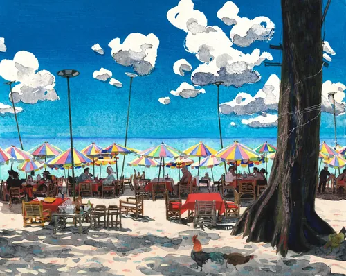 Beach scene with colorful umbrellas, tables, chairs, and roosters by Maki Yamaguchi