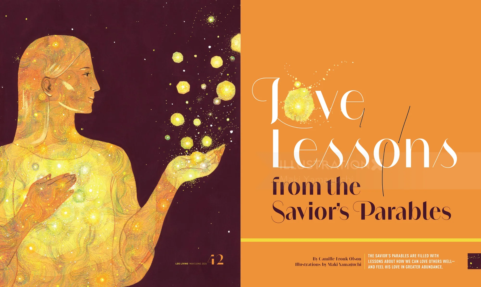 Illustration of woman with glowing lights, inspired by Savior's parables by Maki Yamaguchi
