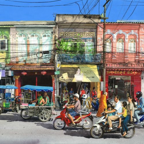 Busy street with colorful shops and people on scooters by Maki Yamaguchi