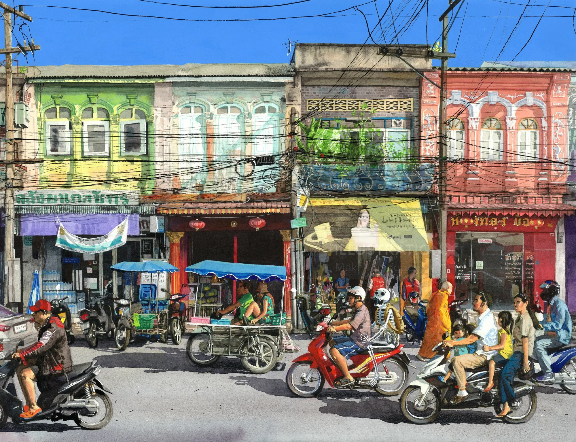 Busy street with colorful shops and people on scooters by Maki Yamaguchi