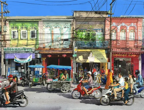 Busy street with colorful shops and people on scooters by Maki Yamaguchi