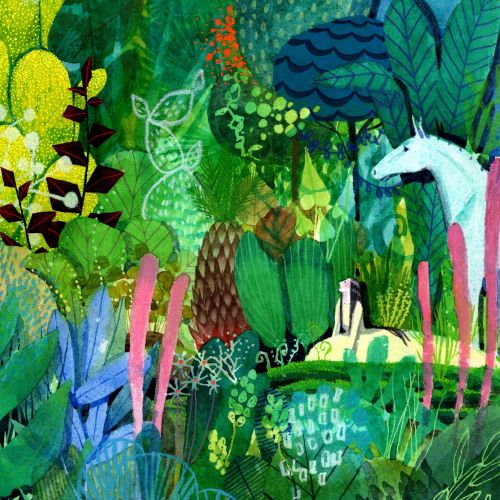 Colorful fantasy forest scene featuring a white unicorn and lush greenery by Maki Yamaguchi