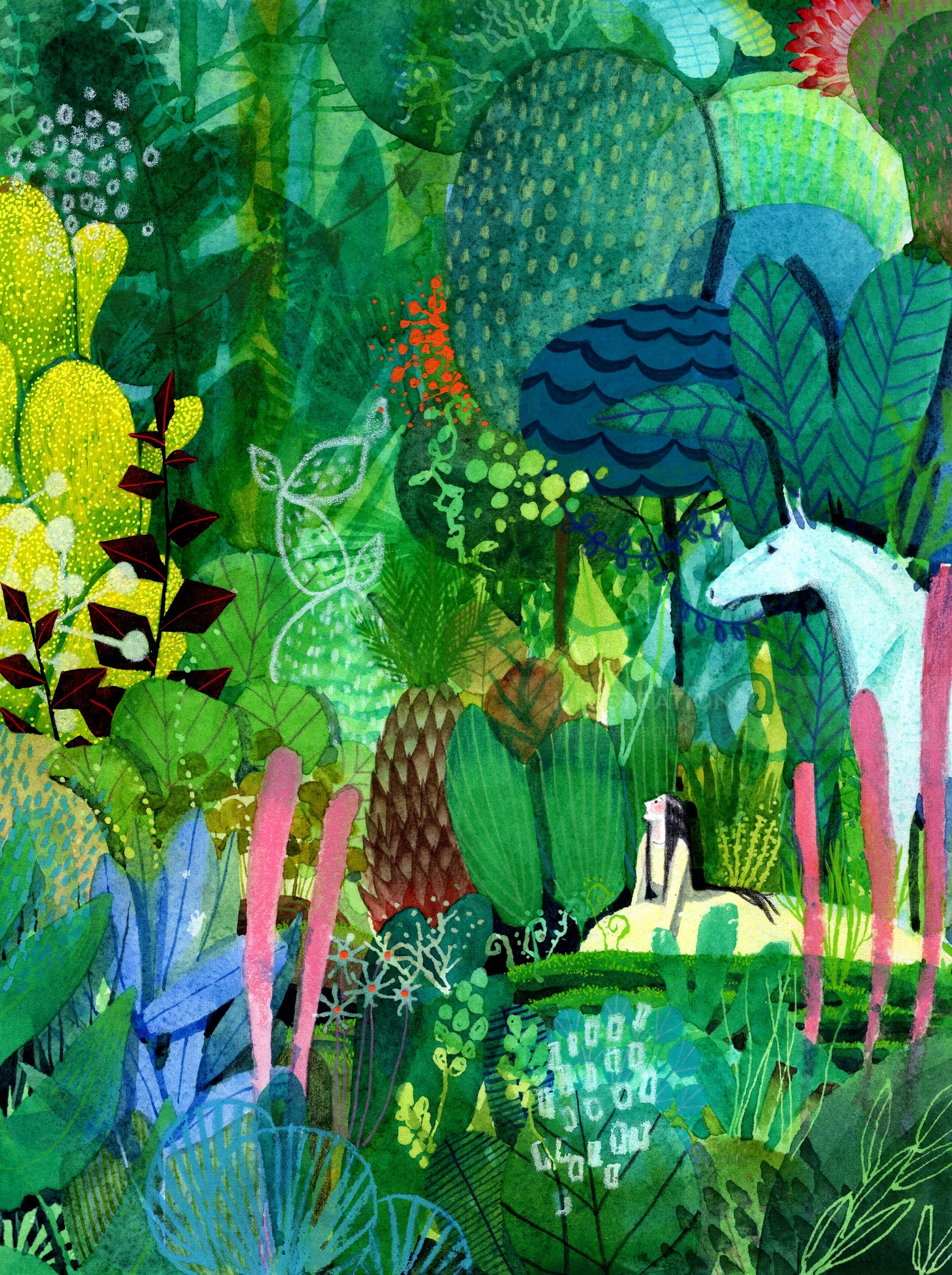 Colorful fantasy forest scene featuring a white unicorn and lush greenery by Maki Yamaguchi