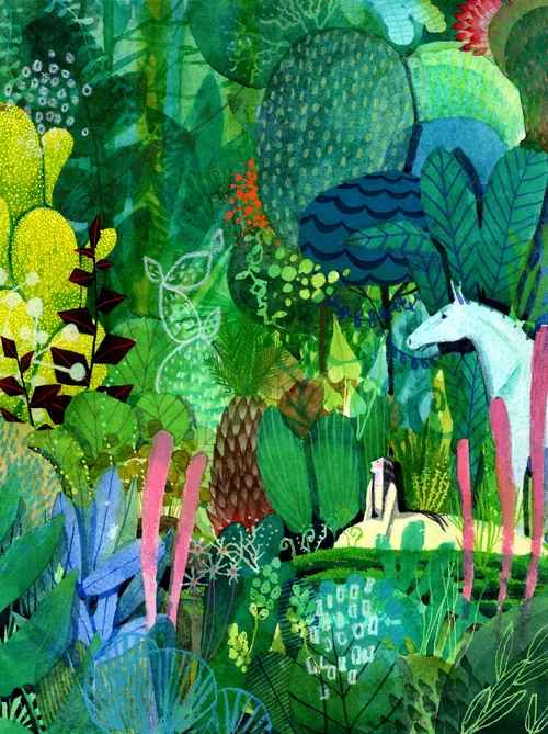 Colorful fantasy forest scene featuring a white unicorn and lush greenery by Maki Yamaguchi