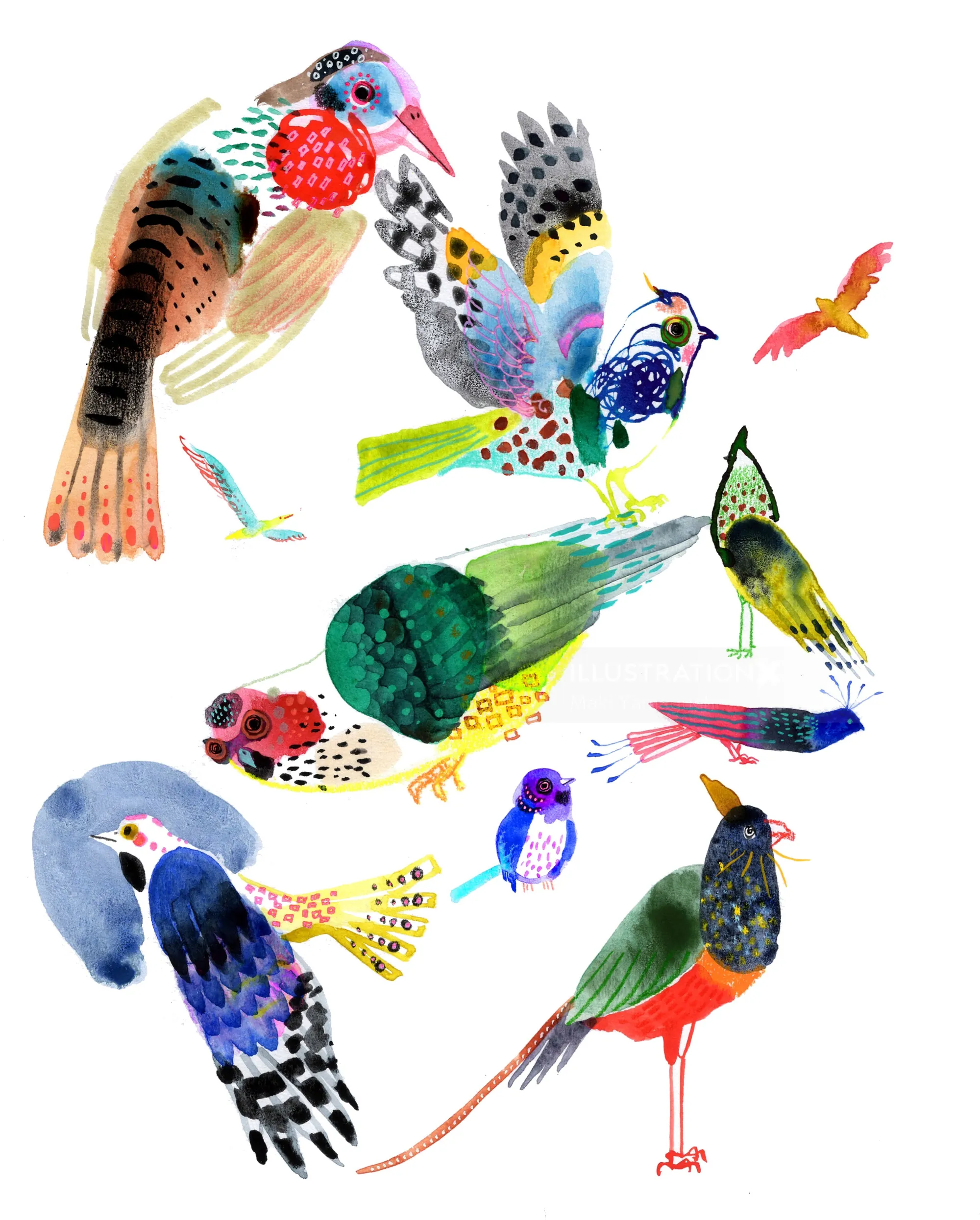 Bright colorful birds in flight by Maki Yamaguchi