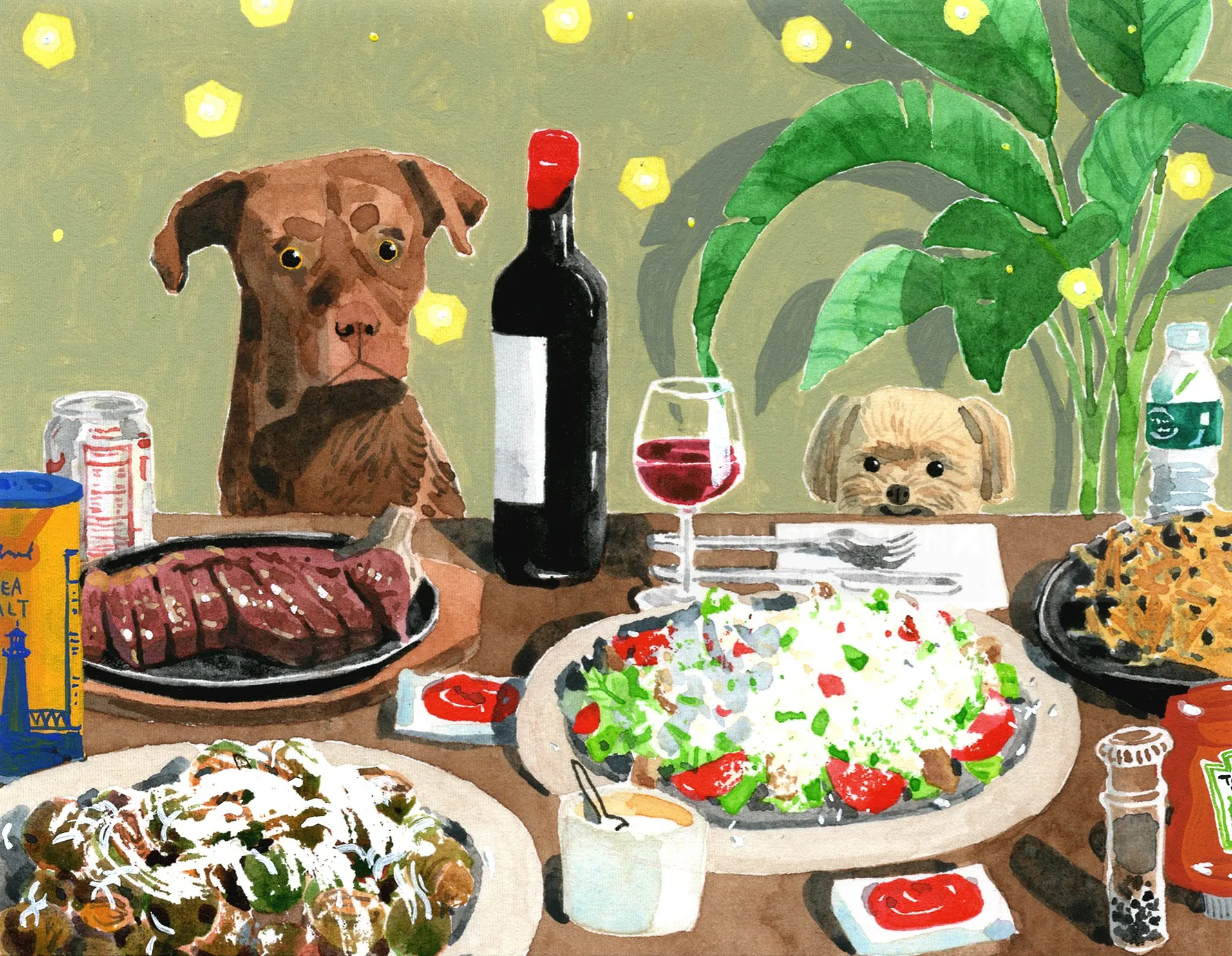 Illustration of two dogs at a dinner table with food and wine by Maki Yamaguchi