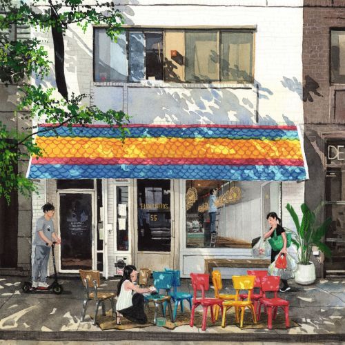 Illustration of four Fish Cheeks restaurant partners preparing with colorful chairs