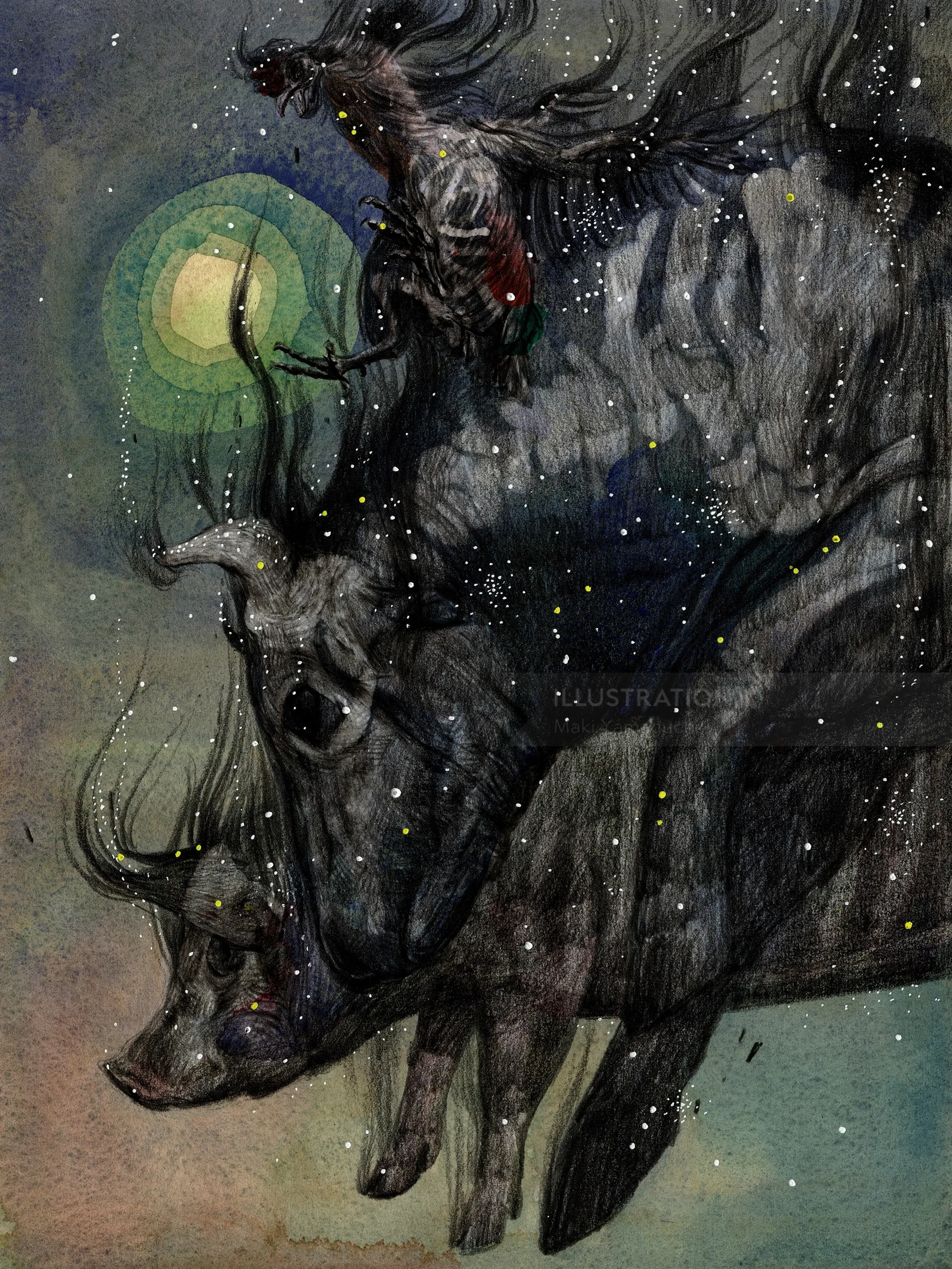 Animales de granja semitransparentes bajo la luz de la luna, por Maki Yamaguchi.