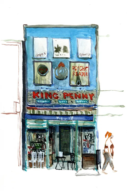 Watercolor illustration of King Penny storefront by Maki Yamaguchi