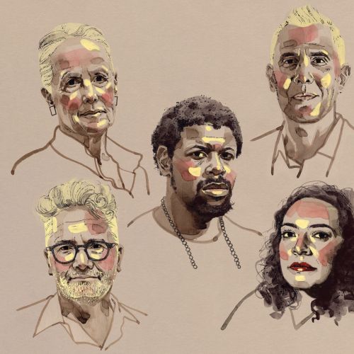 Illustration of five diverse philosophers and activists by Maki Yamaguchi