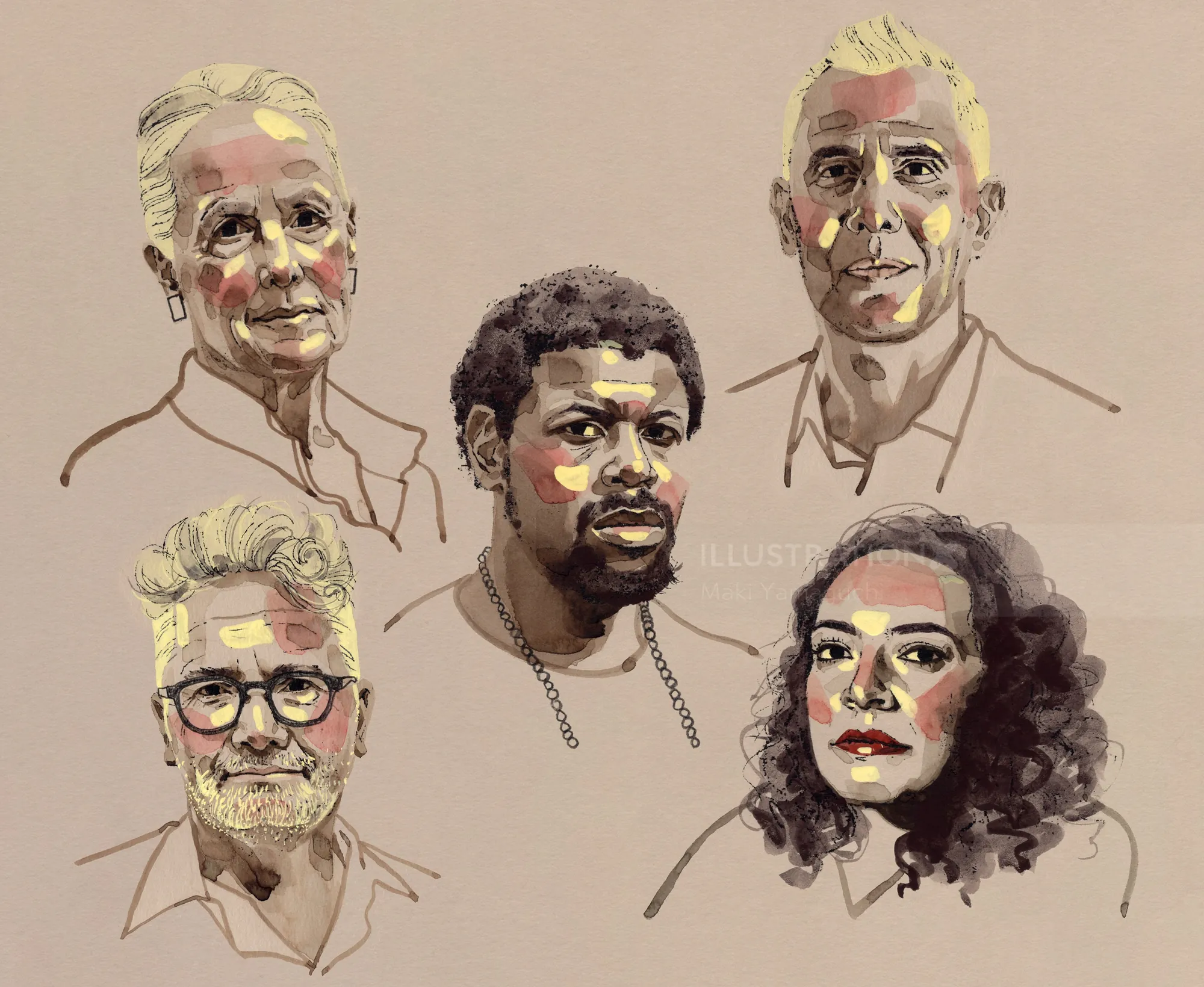 Illustration of five diverse philosophers and activists by Maki Yamaguchi